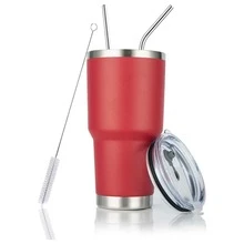 30oz Tumbler Stainless Steel Double Wall Vacuum Insulated Mug with Straw and Lid, Cleaning Brush for Cold and Hot Beverages - 紅色 - 查看 3