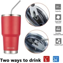 30oz Tumbler Stainless Steel Double Wall Vacuum Insulated Mug with Straw and Lid, Cleaning Brush for Cold and Hot Beverages - 紅色 - 查看 5