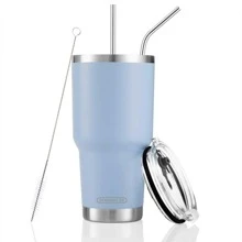 30oz Tumbler Stainless Steel Double Wall Vacuum Insulated Mug with Straw and Lid, Cleaning Brush for Cold and Hot Beverages - 淺藍色 - 查看 3