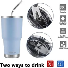 30oz Tumbler Stainless Steel Double Wall Vacuum Insulated Mug with Straw and Lid, Cleaning Brush for Cold and Hot Beverages - 淺藍色 - 查看 5