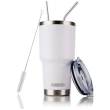 30oz Tumbler Stainless Steel Double Wall Vacuum Insulated Mug with Straw and Lid, Cleaning Brush for Cold and Hot Beverages - 白色 - 查看 4