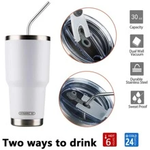 30oz Tumbler Stainless Steel Double Wall Vacuum Insulated Mug with Straw and Lid, Cleaning Brush for Cold and Hot Beverages - 白色 - 查看 6