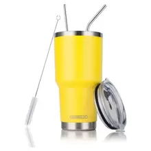 30oz Tumbler Stainless Steel Double Wall Vacuum Insulated Mug with Straw and Lid, Cleaning Brush for Cold and Hot Beverages - 黃色 - 查看 3