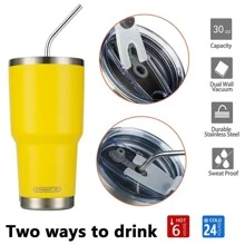 30oz Tumbler Stainless Steel Double Wall Vacuum Insulated Mug with Straw and Lid, Cleaning Brush for Cold and Hot Beverages - 黃色 - 查看 5