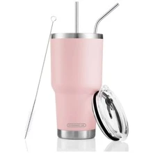 30oz Tumbler Stainless Steel Double Wall Vacuum Insulated Mug with Straw and Lid, Cleaning Brush for Cold and Hot Beverages - 淺粉色 - 查看 4