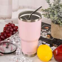 30oz Tumbler Stainless Steel Double Wall Vacuum Insulated Mug with Straw and Lid, Cleaning Brush for Cold and Hot Beverages - 淺粉色 - 查看 3
