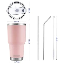 30oz Tumbler Stainless Steel Double Wall Vacuum Insulated Mug with Straw and Lid, Cleaning Brush for Cold and Hot Beverages - 淺粉色 - 查看 2
