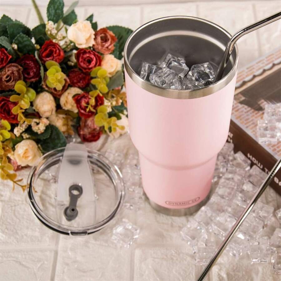 30oz Tumbler Stainless Steel Double Wall Vacuum Insulated Mug with Straw and Lid, Cleaning Brush for Cold and Hot Beverages - 淺粉色 - 查看 1