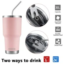 30oz Tumbler Stainless Steel Double Wall Vacuum Insulated Mug with Straw and Lid, Cleaning Brush for Cold and Hot Beverages - 淺粉色 - 查看 5