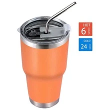 30oz Tumbler Stainless Steel Double Wall Vacuum Insulated Mug with Straw and Lid, Cleaning Brush for Cold and Hot Beverages - 橘色 - 查看 4
