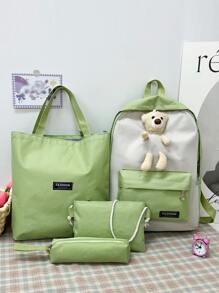 4入組多口袋彩塊熊圖案學院風背包、手提袋、斜挎包、手袋,適用於日常通勤、旅遊、度假、工作、購物、戶外活動,是送給朋友的禮物好主意。彩色對比拼接,採用尼龍材質,適用於女士、學生和旅行配件。 - 綠色 - 查看 1