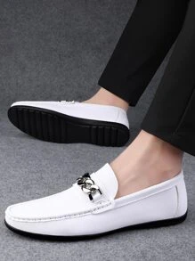 Men's Luxury Genuine Leather Penny Loafers, Casual Woven Style Slip-On Flats With Elastic Band, Suitable For Spring/Autumn Daily Wear, Weddings, Parties, Office, Business Occasions - White - View 5