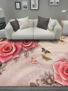 1pc Butterfly & Floral Pattern Rug, Romantic Floor Mat For Living Room, Bedroom ,Room Decor - Multicolor - View 6