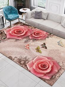1pc Butterfly & Floral Pattern Rug, Romantic Floor Mat For Living Room, Bedroom ,Room Decor - Multicolor - View 5