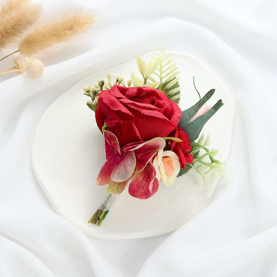Unicra Wedding Flower Boutonniere Red Groom Rose Buttonholes Men's