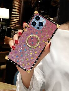 心形闪光带指环支架矩形手机壳 - 粉色 - 查看 2