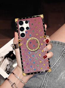 心形闪光带指环支架矩形手机壳 - 粉色 - 查看 1