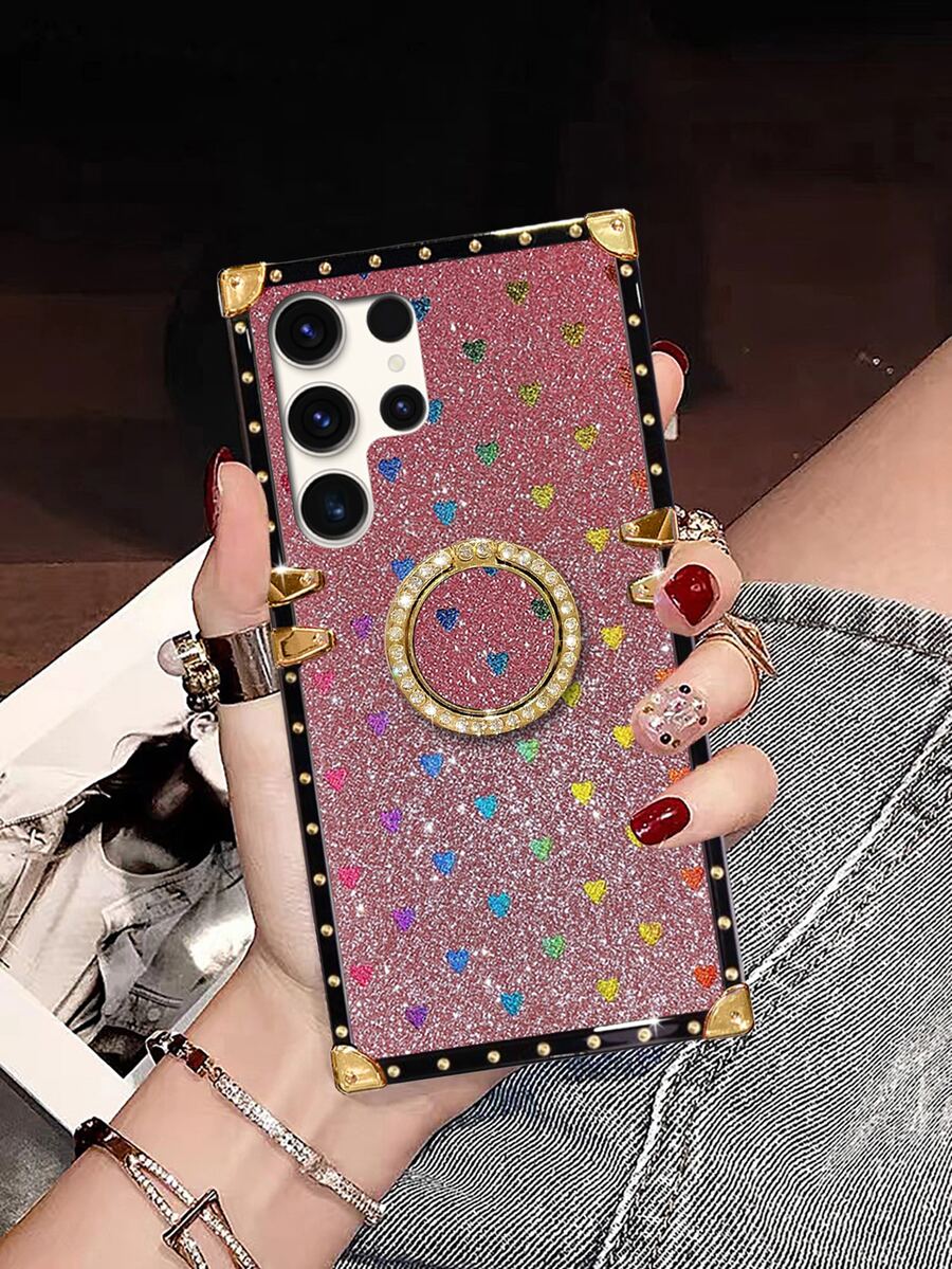 心形闪光带指环支架矩形手机壳 - 粉色 - 查看 1