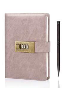 1pc A6 Vintage Lockable Hardcover Notebook With Password Lock & 1pc Metallic Retractable Ballpoint Pen Set In Gift Box, Ideal Gifts For Elders, Friends, And Relatives During Back-to-school Season, Convenient To Carry Password Locked Diary - Dusty Pink - View 1