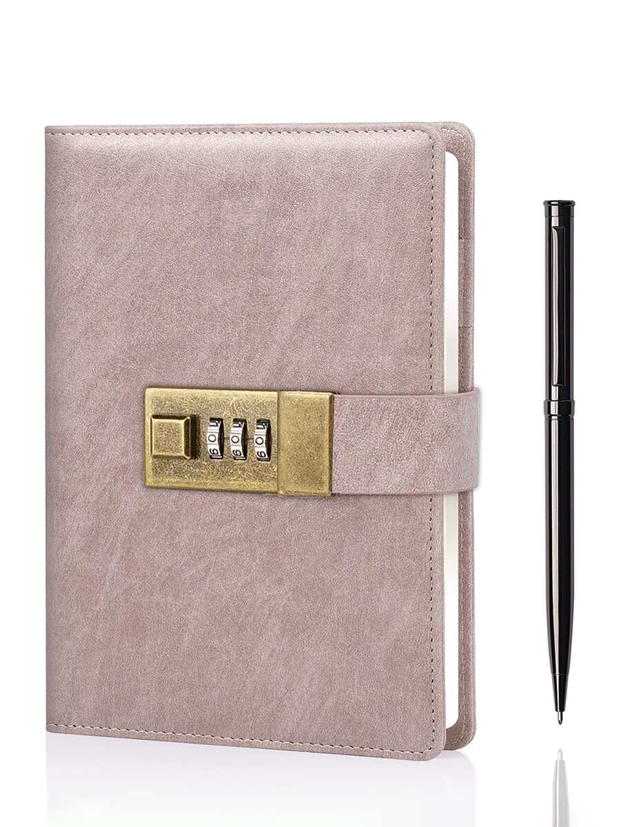 1pc A6 Vintage Lockable Hardcover Notebook With Password Lock & 1pc Metallic Retractable Ballpoint Pen Set In Gift Box, Ideal Gifts For Elders, Friends, And Relatives During Back-to-school Season, Convenient To Carry Password Locked Diary - Dusty Pink - View 1