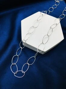 1pc Silver Asymmetrical Smooth Oval Chain Loop Long Necklace For Women Girls Ladies - Silver - View 2