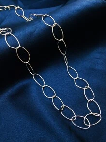 1pc Silver Asymmetrical Smooth Oval Chain Loop Long Necklace For Women Girls Ladies - Silver - View 3