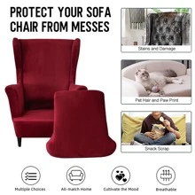 MIFXIN Wingback Chair Slipcover 2 Piece Set Velvet Stretch Wingback Chair Covers With Cushion Cover Soft Washable Armchair Furniture Protector For Living Room Bedroom - 酒紅色 - 查看 5