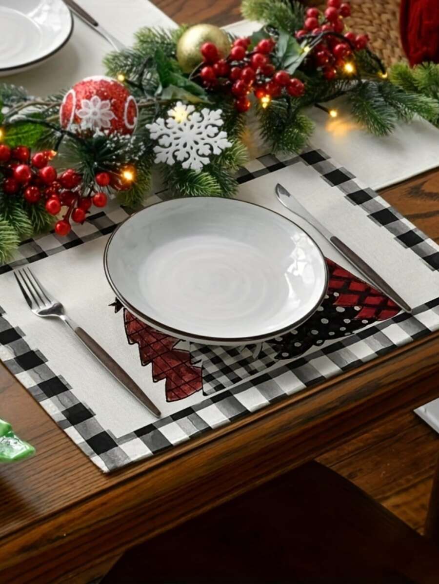 Christmas Placemats Set Of 4, Plaid Polka Dot Xmas Tree Table Mat