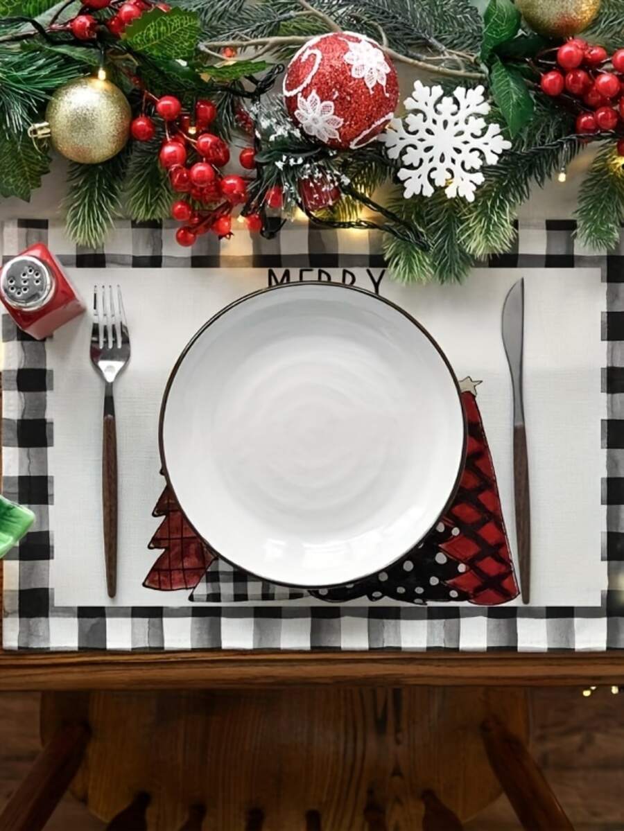 Christmas Placemats Set Of 4, Plaid Polka Dot Xmas Tree Table Mat