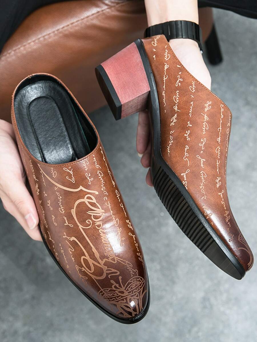 de hombres verano Zapatos mocasines con grueso tacón, de punta, transpirable PU con retro Mules diseño - Marrón - Ver 1