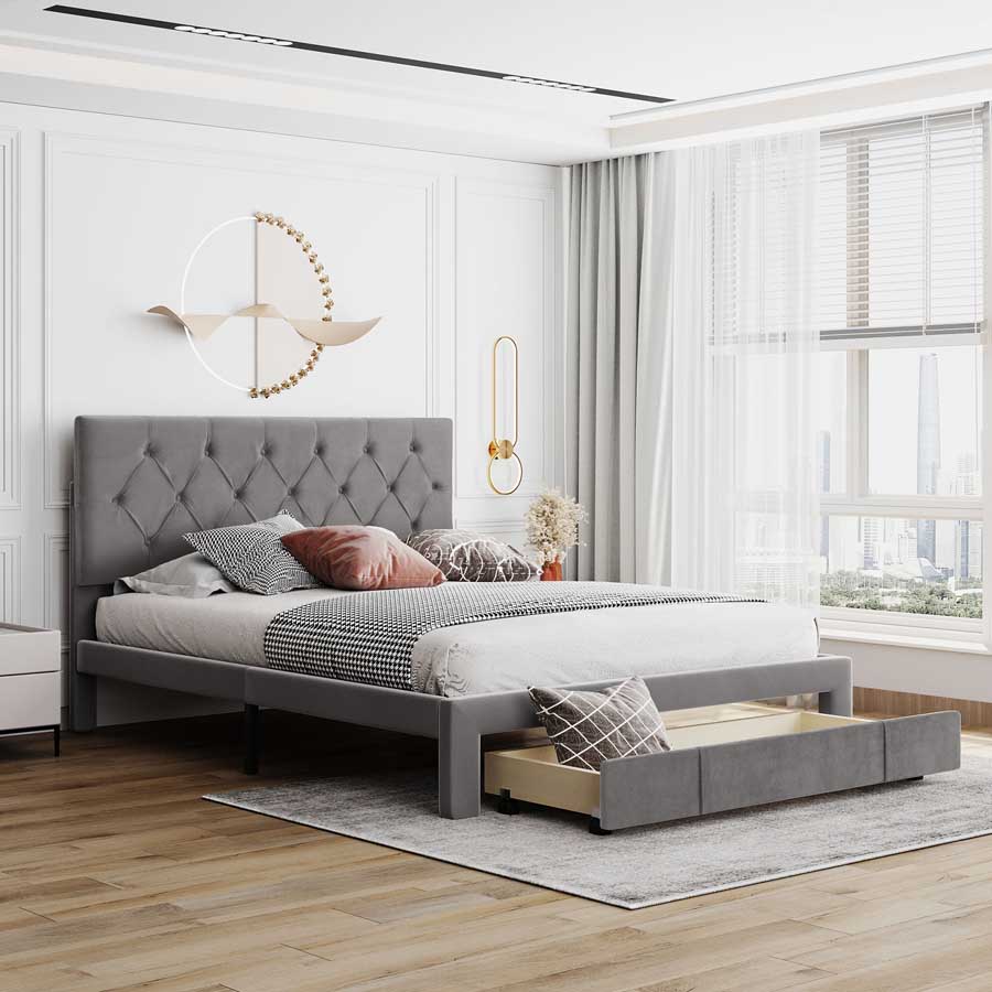 MERAX Queen Size Storage Bed Velvet Upholstered Platform Bed With A Big Drawer - Grey - View 1