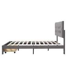 MERAX Queen Size Storage Bed Velvet Upholstered Platform Bed With A Big Drawer - Grey - View 7