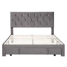 MERAX Queen Size Storage Bed Velvet Upholstered Platform Bed With A Big Drawer - Grey - View 4
