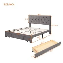 MERAX Queen Size Storage Bed Velvet Upholstered Platform Bed With A Big Drawer - Grey - View 3