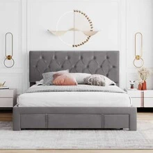 MERAX Queen Size Storage Bed Velvet Upholstered Platform Bed With A Big Drawer - Grey - View 2