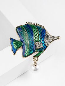1入組時尚動物形狀魚胸針帶人造珍珠和水鑽 - 綠色 - 查看 2