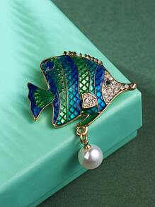 1入組時尚動物形狀魚胸針帶人造珍珠和水鑽 - 綠色 - 查看 1