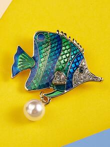1入組時尚動物形狀魚胸針帶人造珍珠和水鑽 - 綠色 - 查看 3