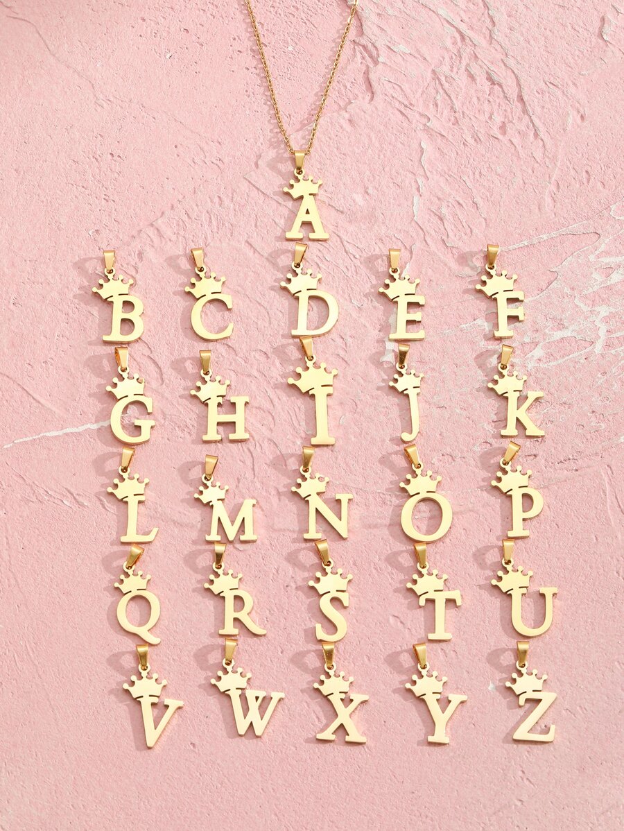 1件可爱流行不锈钢皇冠26字母吊坠项链 儿童简约字母饰品项链 生日礼物 日常饰品 随机发货