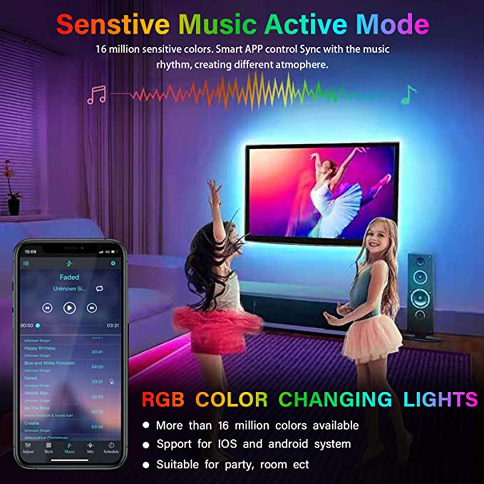 1pc ABS LED Strip Light, Daily Mixed Color Led Strip Light With Remote