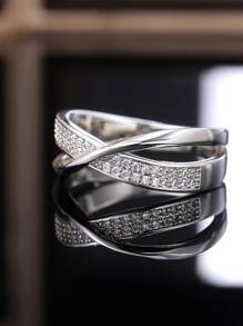 1枚优雅立方氧化锆戒指，女士婚礼订婚派对珠宝，情人节礼物 - 銀色 - 查看 4