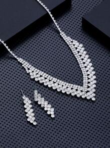 1pair Of Earrings And 1pc Necklace Full Of Rhinestones For Banquet - Silver - View 3