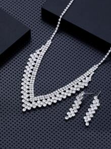 1pair Of Earrings And 1pc Necklace Full Of Rhinestones For Banquet - Silver - View 2