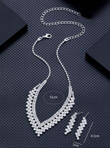 1pair Of Earrings And 1pc Necklace Full Of Rhinestones For Banquet - Silver - View 4