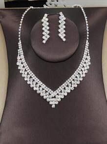 1pair Of Earrings And 1pc Necklace Full Of Rhinestones For Banquet - Silver - View 1