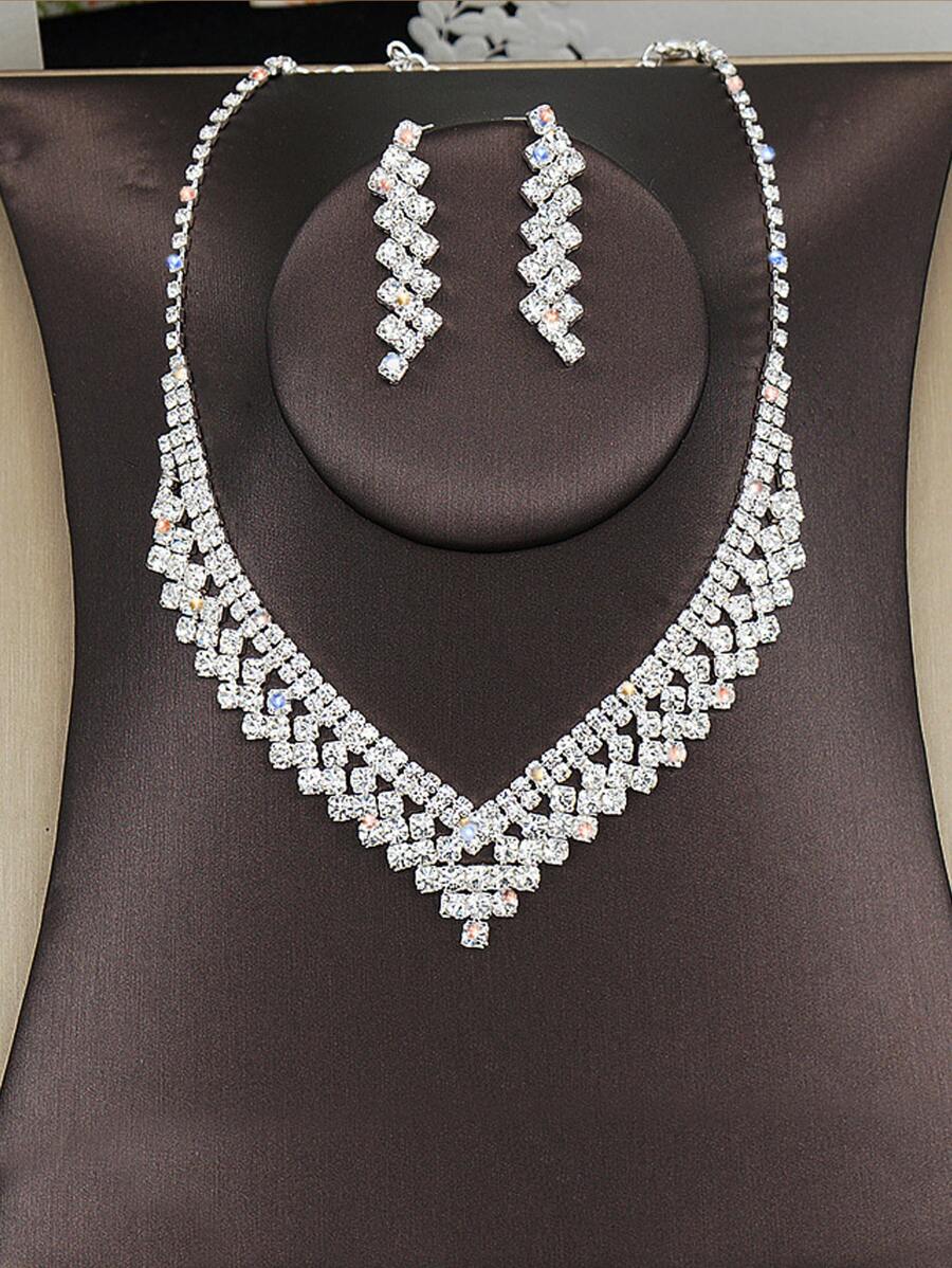 1pair Of Earrings And 1pc Necklace Full Of Rhinestones For Banquet - Silver - View 1