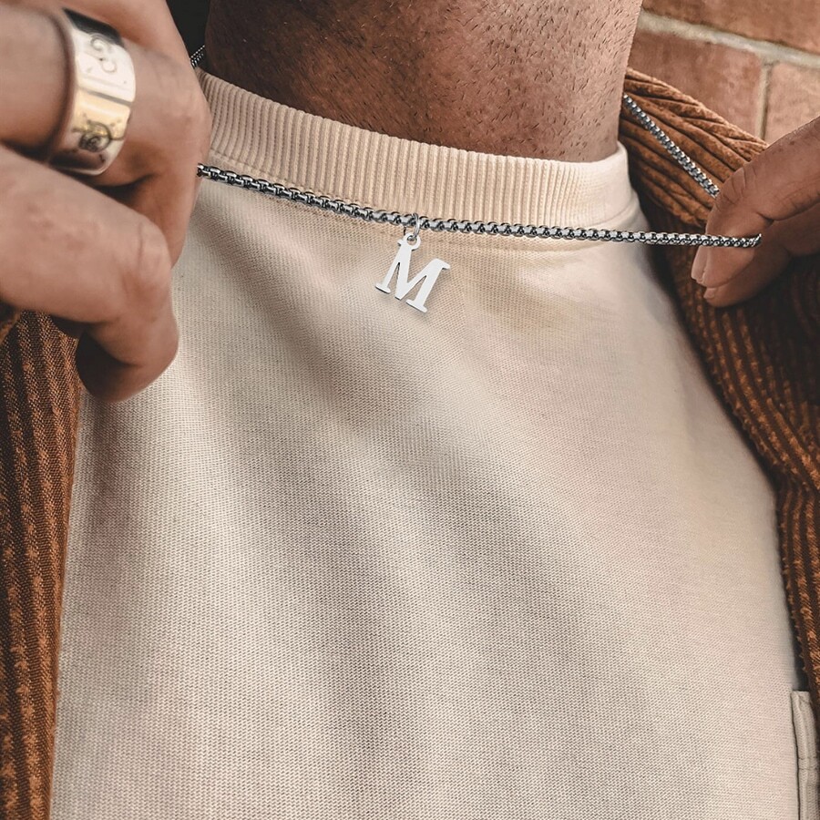 不銹鋼最初項鍊男士盒鏈條吊墜項鍊適合男士 - 銀色 - 查看 1