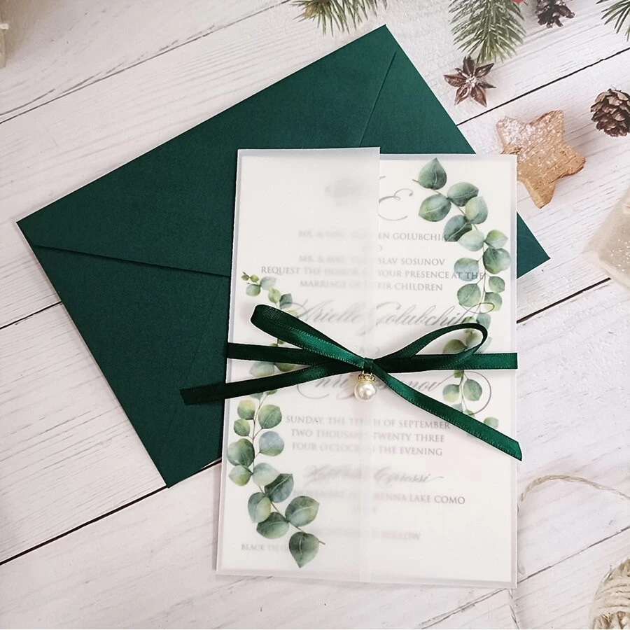 10 sets de tarjetas de invitación de boda con hojas verdes semi-transparentes, hoja en blanco, perlas, rhinestones y sobre - Multicolor - Ver 1