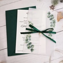 10 sets de tarjetas de invitación de boda con hojas verdes semi-transparentes, hoja en blanco, perlas, rhinestones y sobre - Multicolor - Ver 5