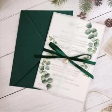 10 sets de tarjetas de invitación de boda con hojas verdes semi-transparentes, hoja en blanco, perlas, rhinestones y sobre - Multicolor - Ver 6